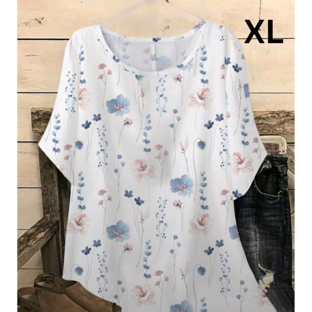 Shein Lune Floral Women's Blouse - White and Blue